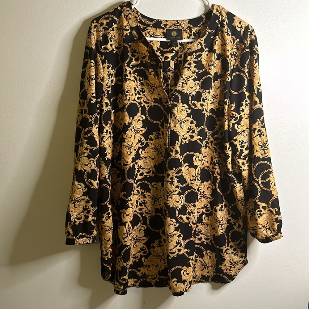 JM Collection boho chain pattern top sz xl long sleeve black gold baroque retro